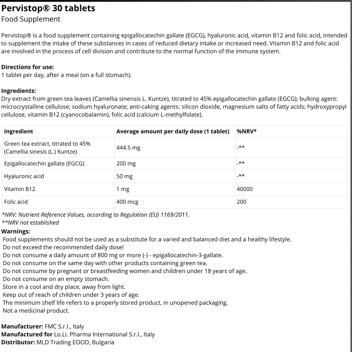 PERVISTOP 30 Tablets product information, ingredients, dosage and warnings