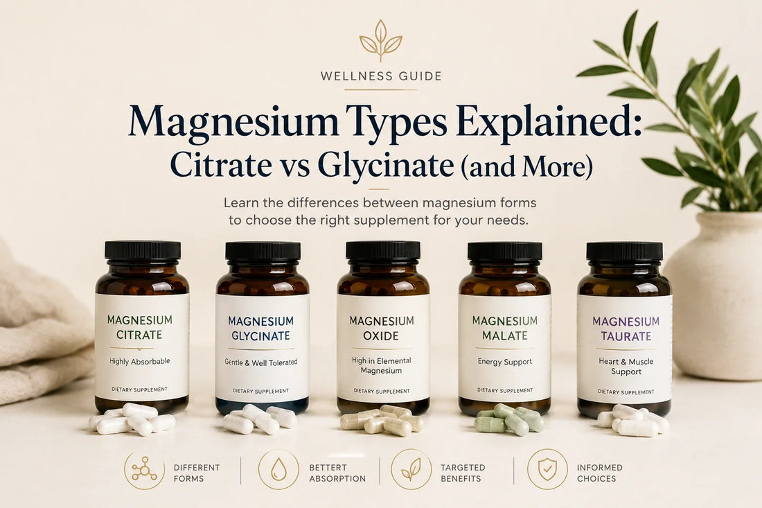 Magnesium supplement types explained infographic featuring citrate, glycinate, oxide, malate and taurate bottles on a clean wellness background.