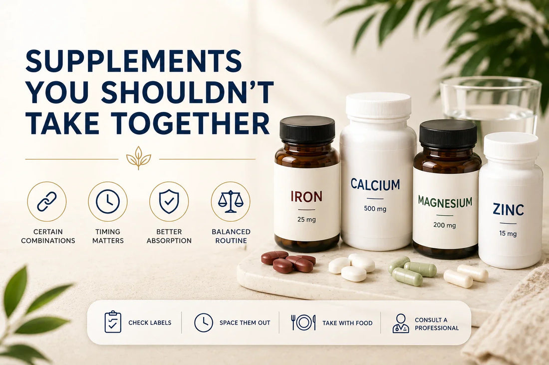 Wellness supplement routine guide with vitamins, minerals and timing considerations on a clean editorial background.