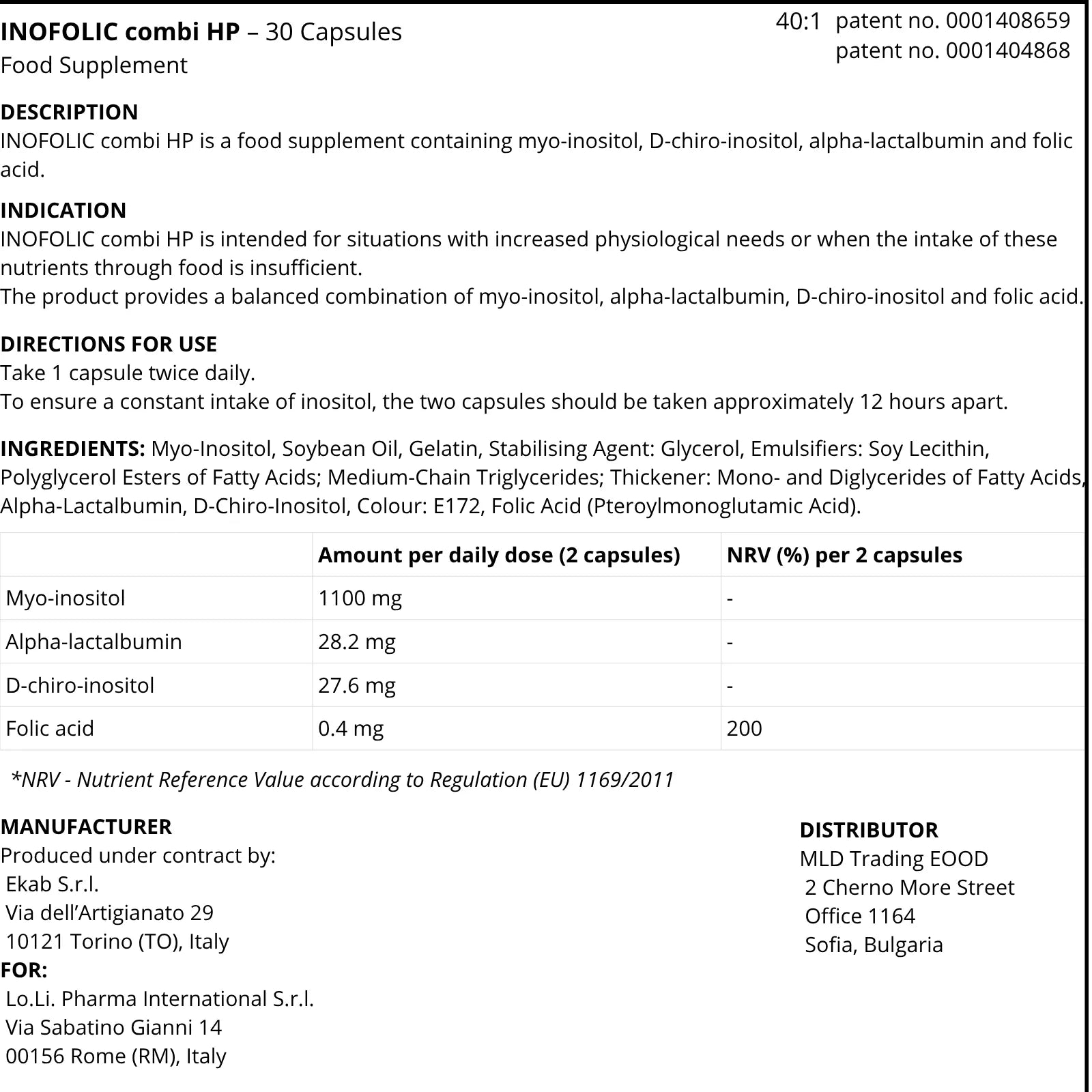 Inofolic Combi HP 30 Capsules ingredients, nutritional values and manufacturer details