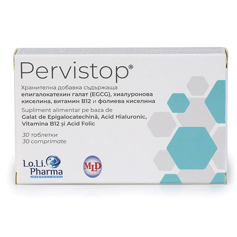 PERVISTOP 30 Tablets front packaging with EGCG, hyaluronic acid, vitamin B12 and folate