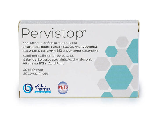 PERVISTOP 30 Tablets front packaging with EGCG, hyaluronic acid, vitamin B12 and folate