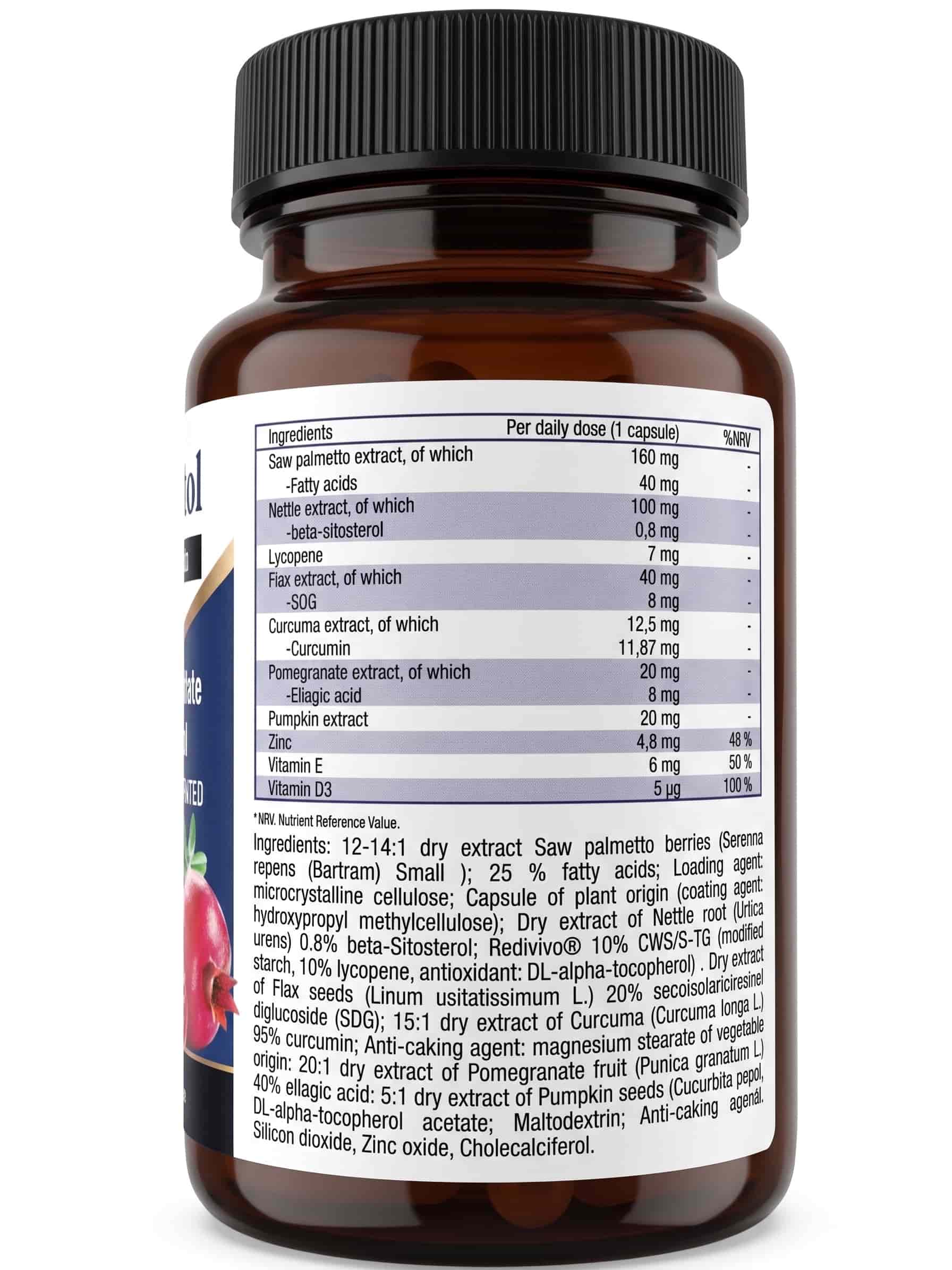 Prostaphytol food supplement back label with ingredients table