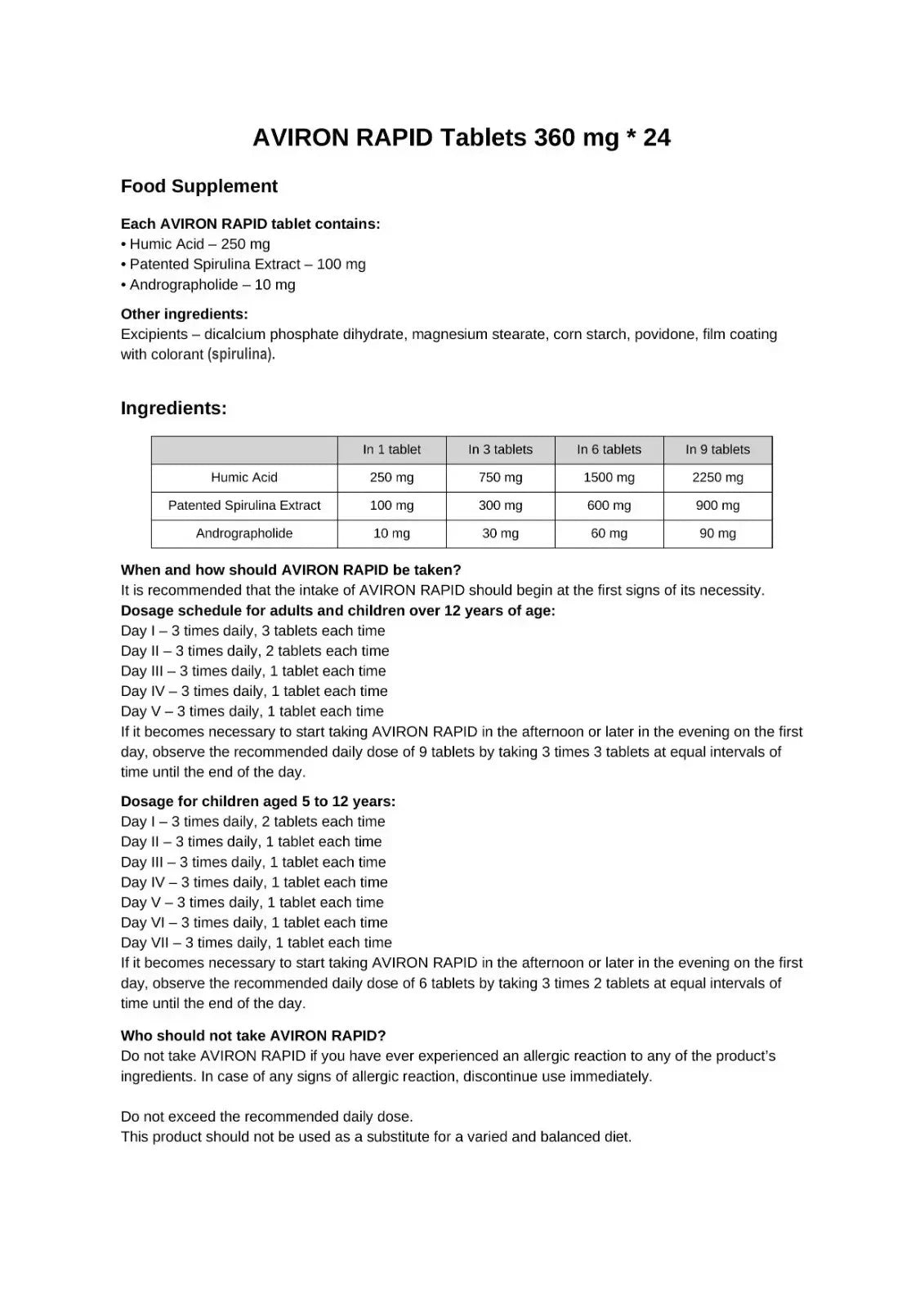 Aviron Rapid supplement ingredients dosage and directions information sheet image