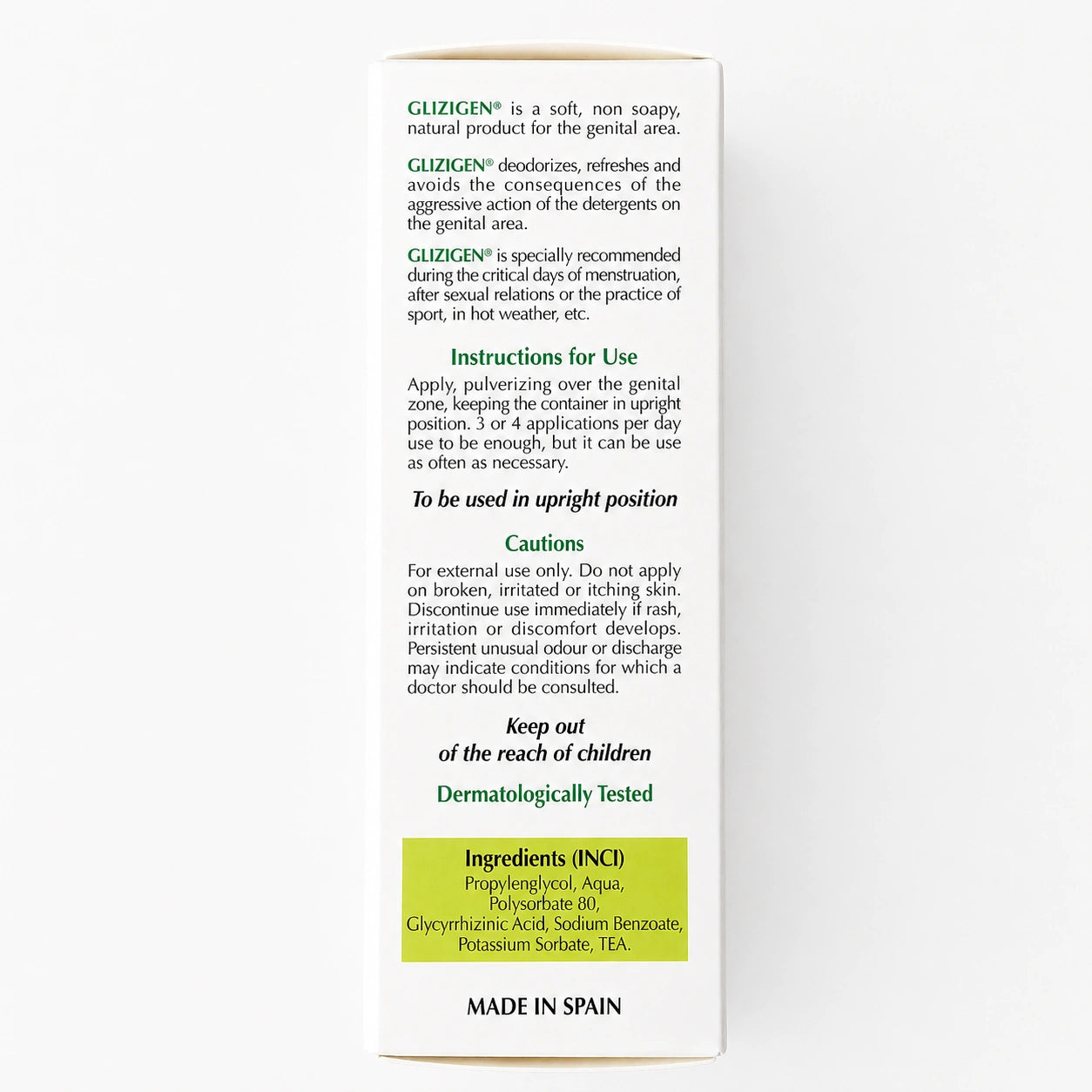 Glizigen Intimate Spray 30 ml ingredients, directions and safety information