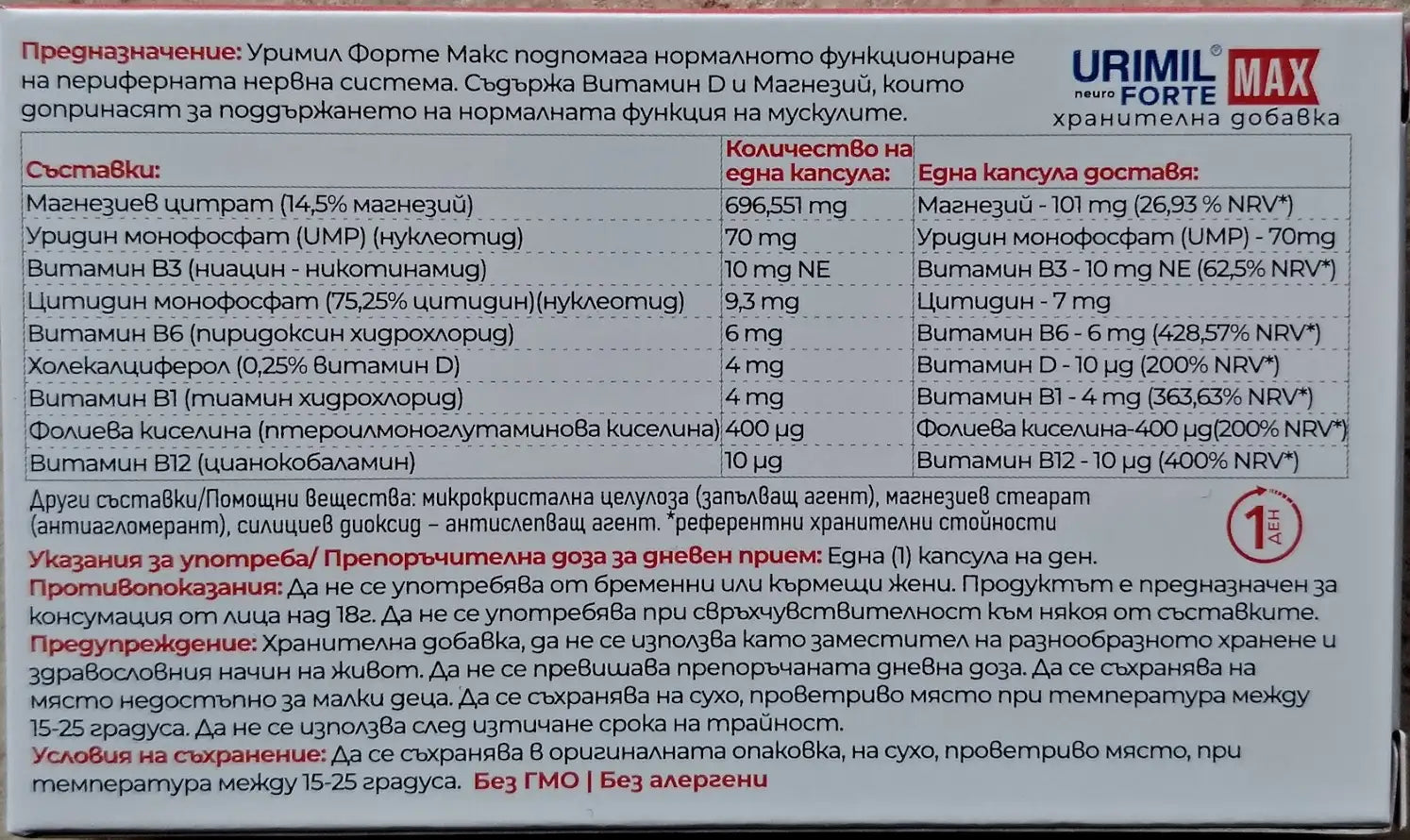 Urimil Forte Max Supplement Facts and Directions for Use